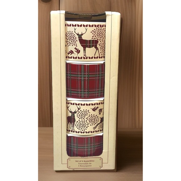 NEW. The Bakeshop Christmas Winter Ramekins Reindeer & Plaid Oven Safe Cute - Picture 1 of 3